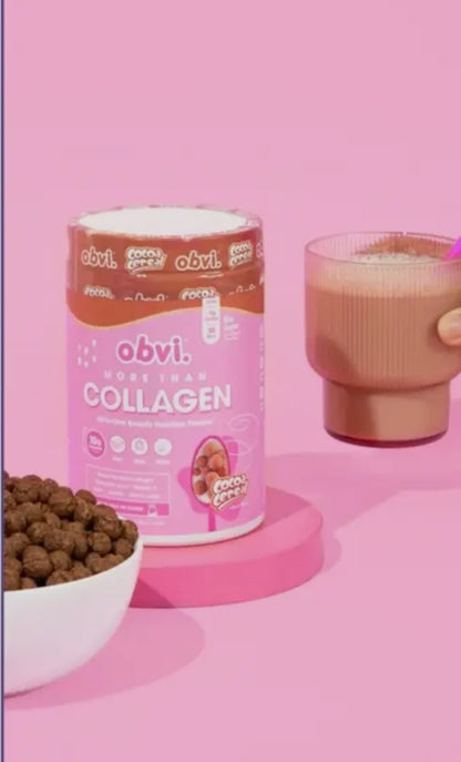 Obvi Collagen Cocoa Cereal with glass of chocolate milk