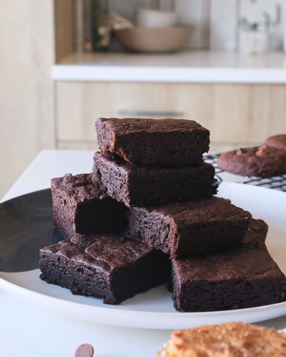 Plate with stacked chocolate brownies