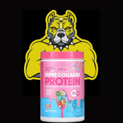 Obvi Super Collagen Protein Fruity Cereal with mascot