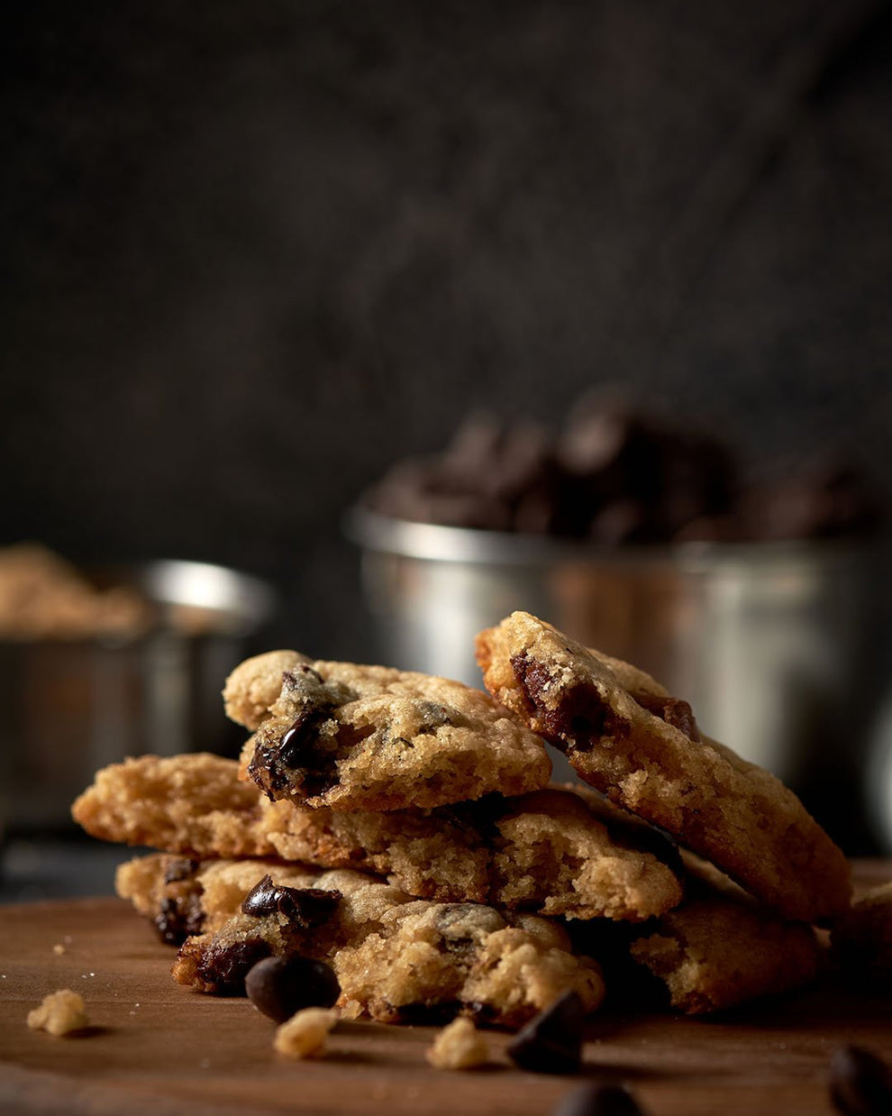 Stack of freshly baked chocolate chip protein cookies