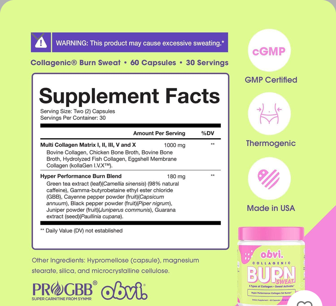 Obvi Burn Sweat supplement facts and ingredients