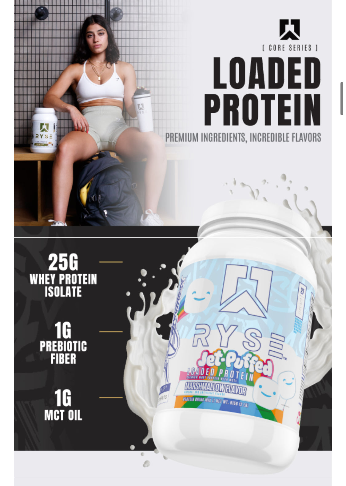 RYSE Loaded Protein with whey isolate and marshmallow flavor