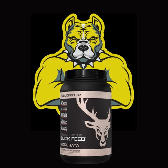 Bucked Up Buck Feed Protein Horchata with muscular dog logo