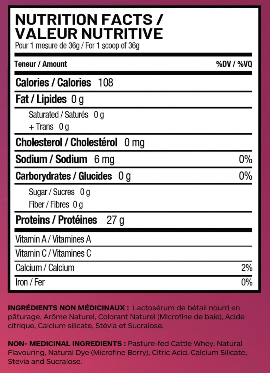 Unity Clear ISO nutrition facts label