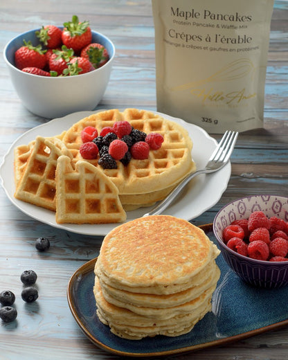 Maple pancakes and waffles with fresh berries