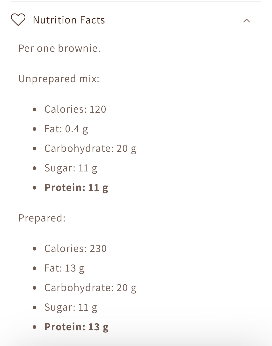 Nutrition facts for Hello Amino brownie mix