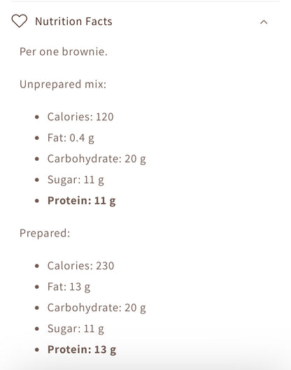 Nutrition facts for Hello Amino brownie mix