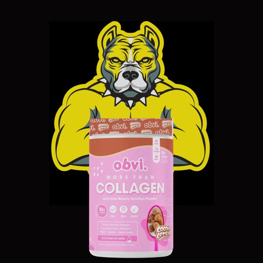 Obvi Collagen Cocoa Cereal with muscular dog graphic