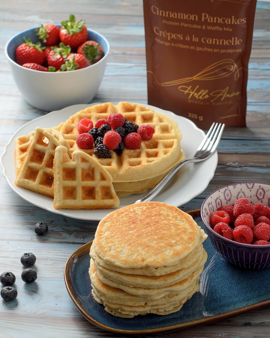 Cinnamon pancakes and waffles with berries and mix package