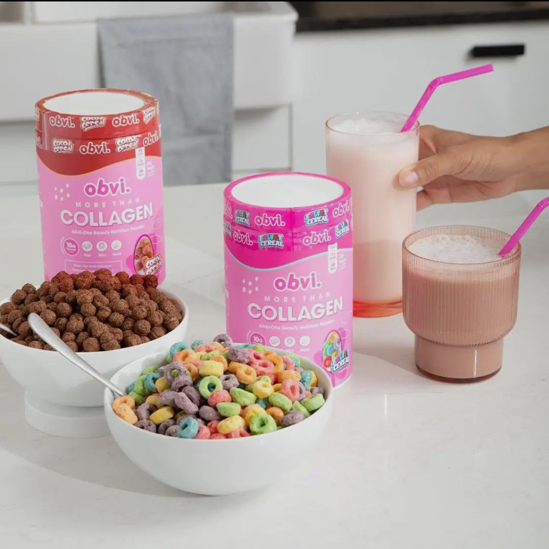 Obvi Collagen Cocoa Cereal with colorful cereal bowls