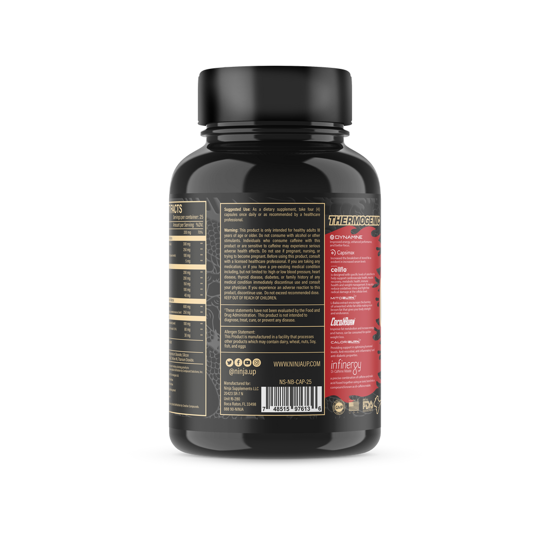 Ninja Burn fat burner bottle with ingredient details