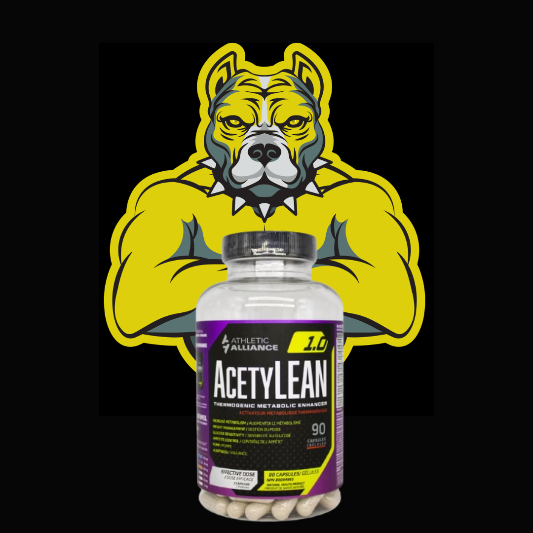 Athletic Alliance AcetyLEAN bottle with muscular dog logo