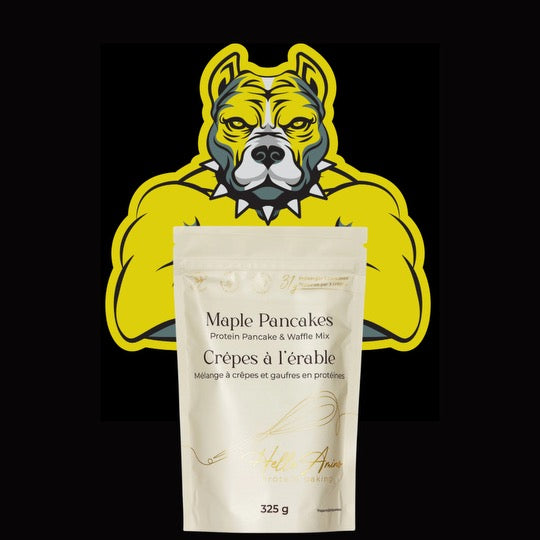 Hello Amino Maple Pancakes Mix with bulldog logo