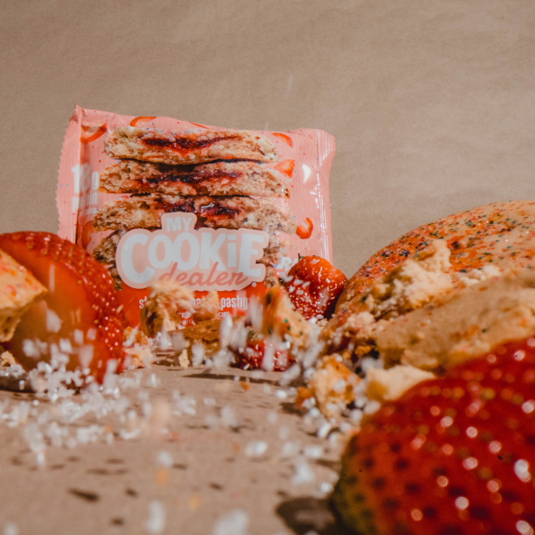 Strawberry Toaster Pastry Protein Cookie with fresh strawberries