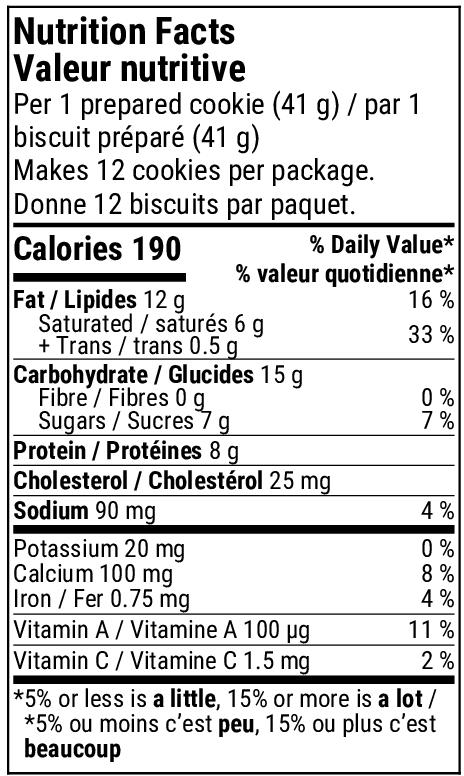 Nutrition facts label for protein cookie mix