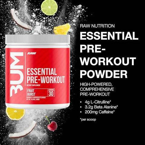 a bottle of essential pre - workout powder surrounded by fruit