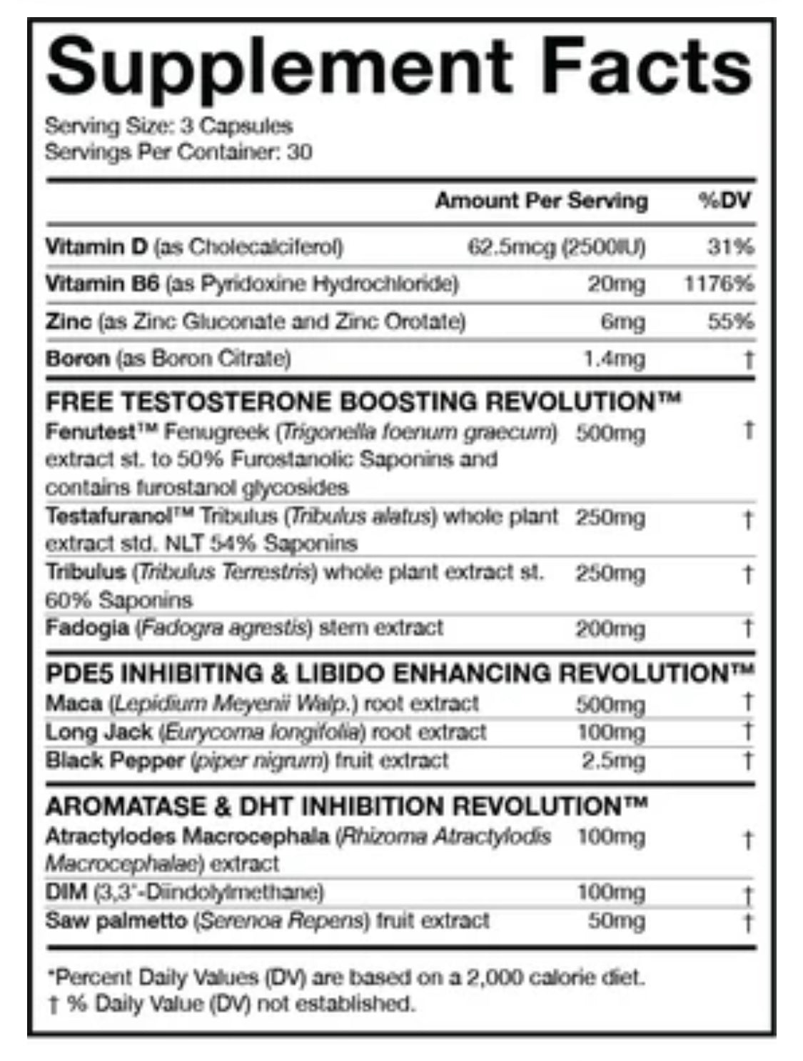 Supplement facts for MuscleSport Test Revolution capsules