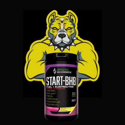 Athletic Alliance Start-BHB supplement with muscular dog logo