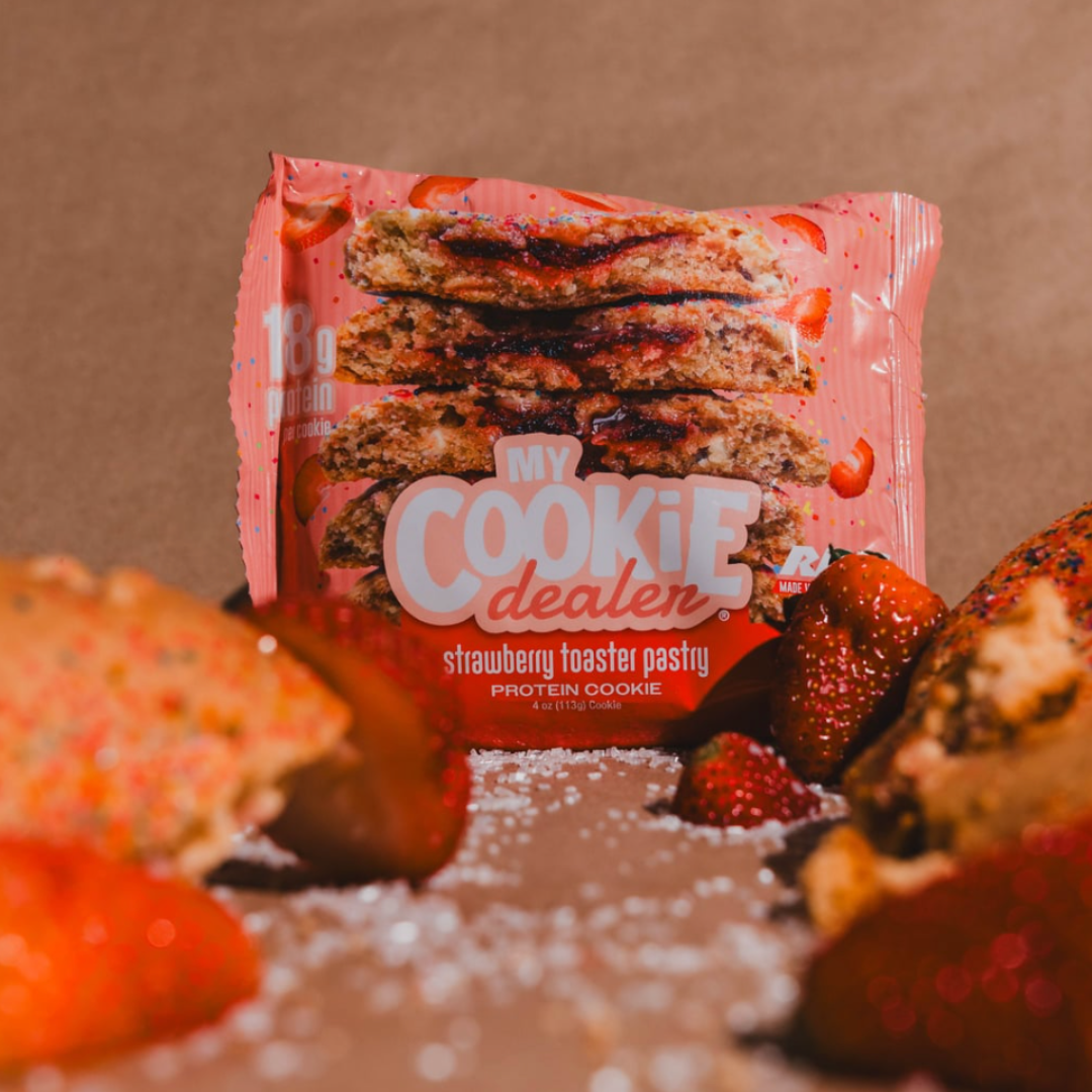 Strawberry Toaster Pastry Protein Cookie amidst strawberries