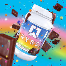 RYSE Protein Cosmic Brownie with colorful background