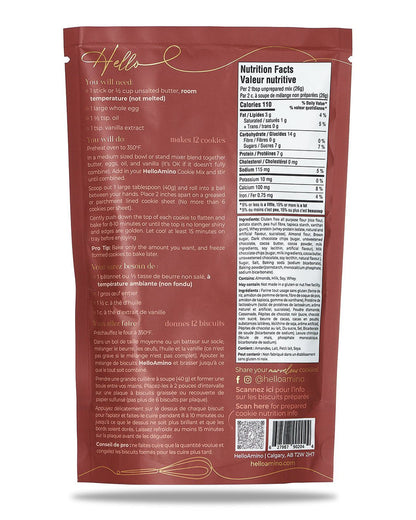 Back of Hello Amino cookie mix package with instructions