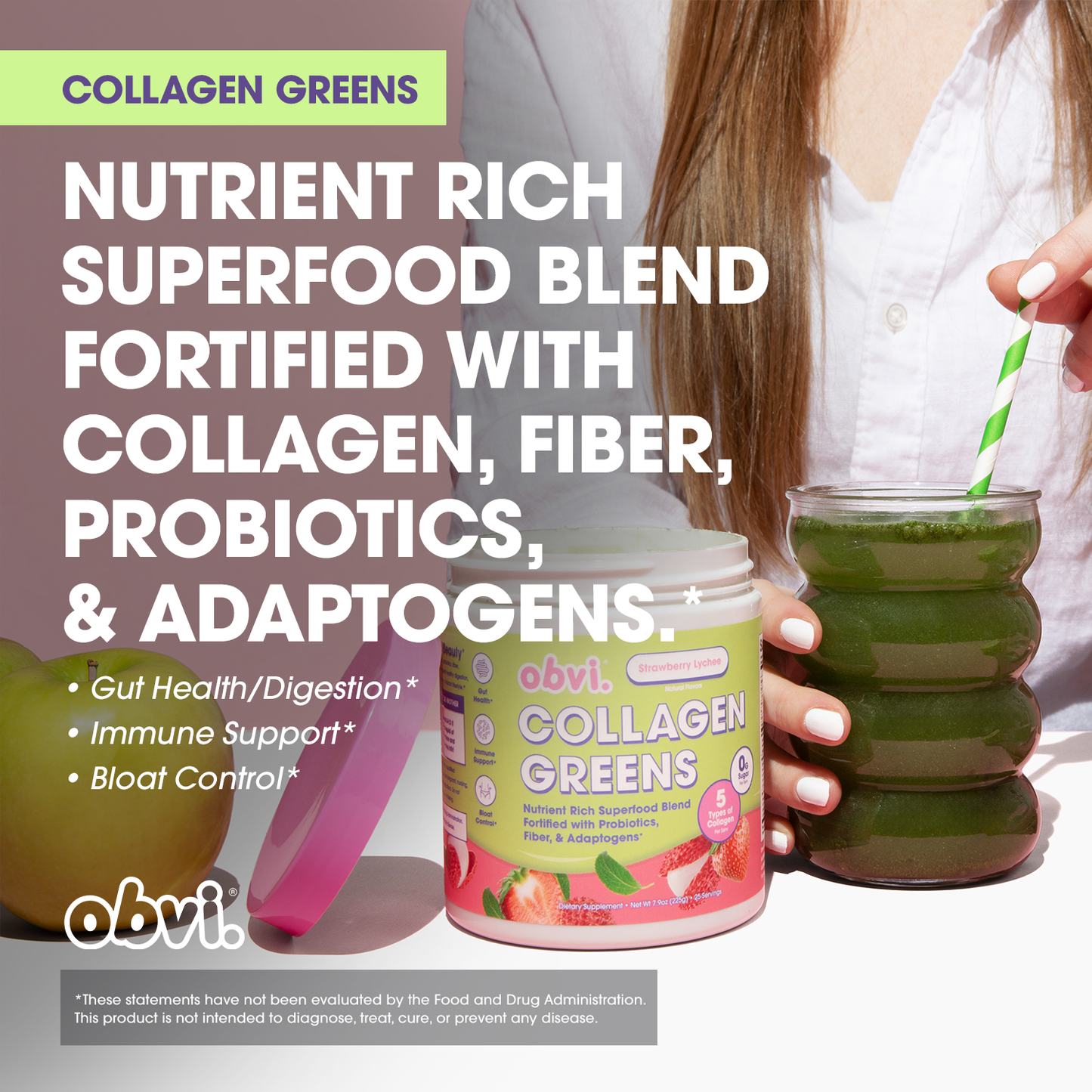 Obvi Collagen Greens - Strawberry Lychee